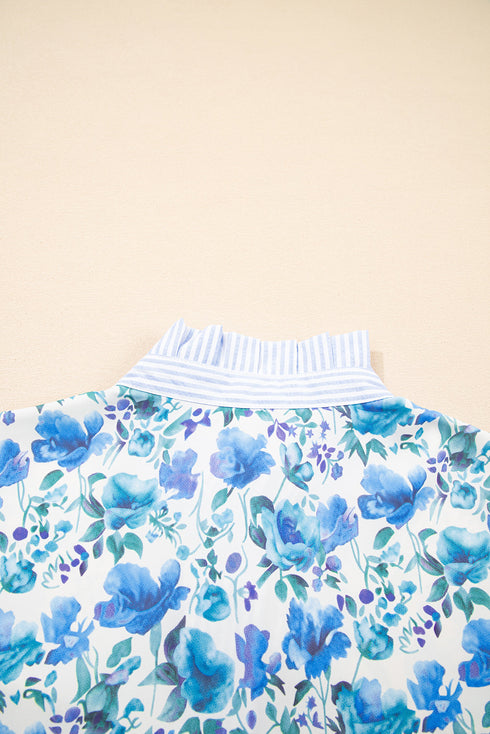 Floral Print Striped Trim Collared Puff Sleeve Blouse