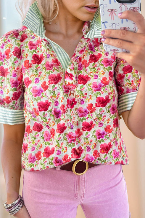 Floral Print Striped Trim Collared Puff Sleeve Blouse