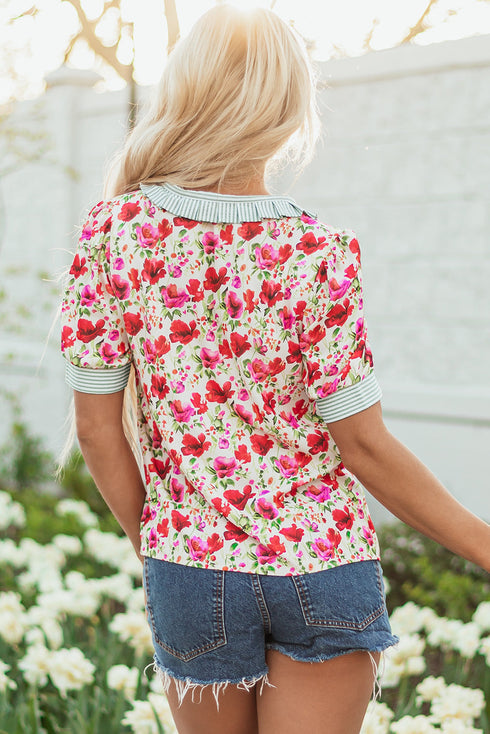 Floral Print Striped Trim Collared Puff Sleeve Blouse