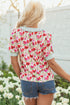 Floral Print Striped Trim Collared Puff Sleeve Blouse