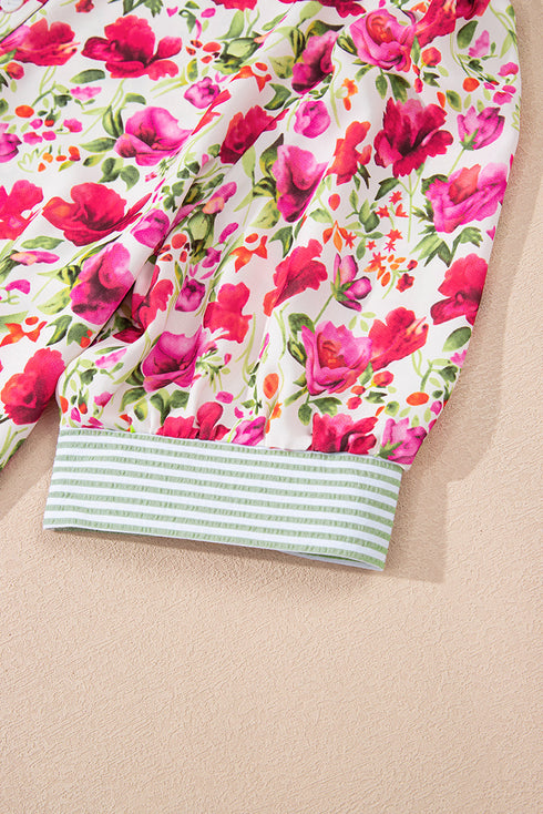 Floral Print Striped Trim Collared Puff Sleeve Blouse