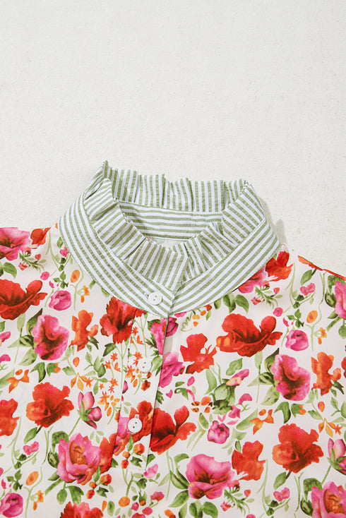 Floral Print Striped Trim Collared Puff Sleeve Blouse