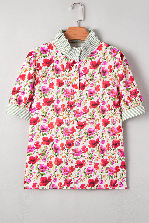 Floral Print Striped Trim Collared Puff Sleeve Blouse
