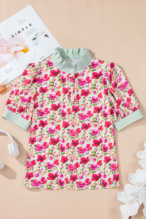 Floral Print Striped Trim Collared Puff Sleeve Blouse