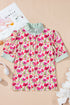 Floral Print Striped Trim Collared Puff Sleeve Blouse