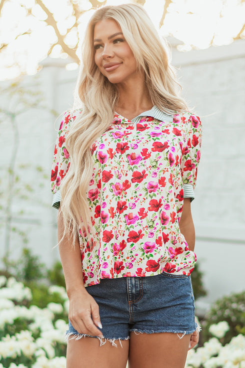 Floral Print Striped Trim Collared Puff Sleeve Blouse