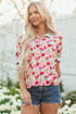 Floral Print Striped Trim Collared Puff Sleeve Blouse