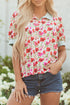 Floral Print Striped Trim Collared Puff Sleeve Blouse