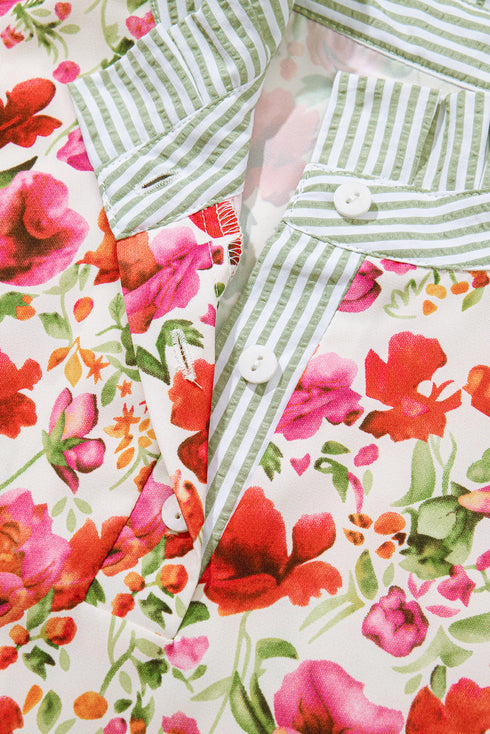 Floral Print Striped Trim Collared Puff Sleeve Blouse