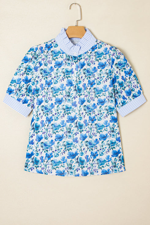 Floral Print Striped Trim Collared Puff Sleeve Blouse