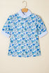 Floral Print Striped Trim Collared Puff Sleeve Blouse