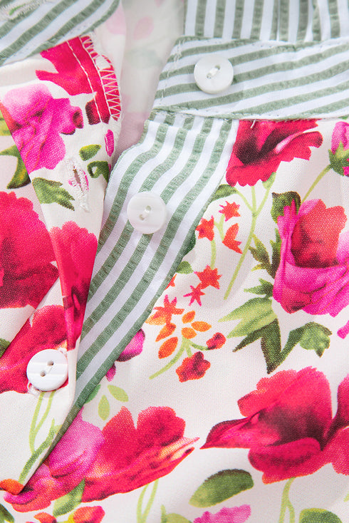 Floral Print Striped Trim Collared Puff Sleeve Blouse