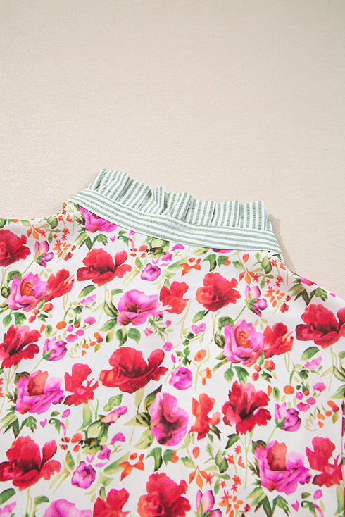 Floral Print Striped Trim Collared Puff Sleeve Blouse