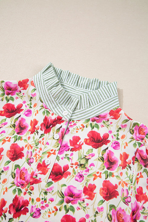 Floral Print Striped Trim Collared Puff Sleeve Blouse