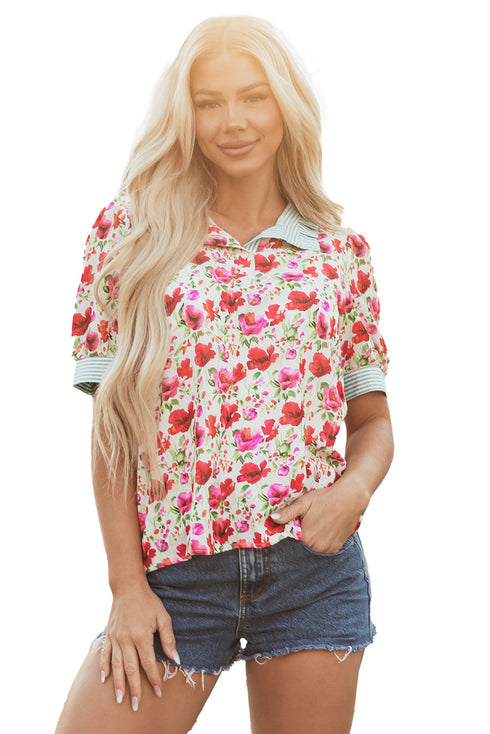 Floral Print Striped Trim Collared Puff Sleeve Blouse