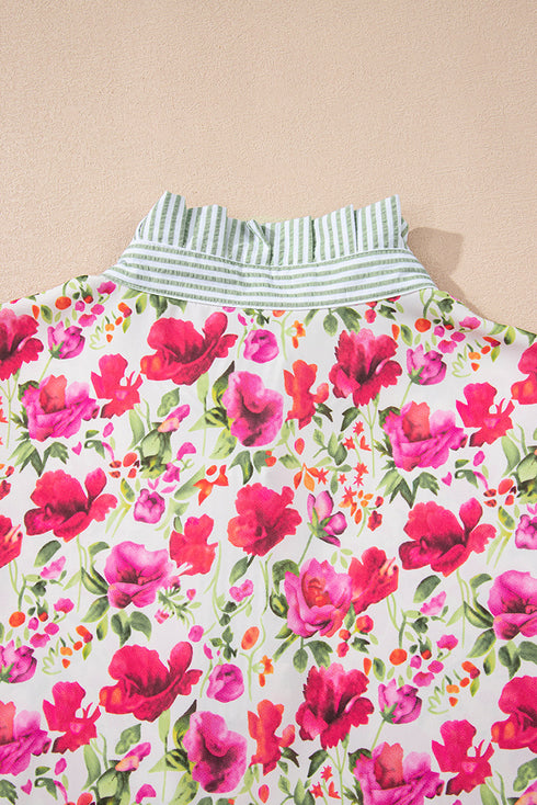 Floral Print Striped Trim Collared Puff Sleeve Blouse