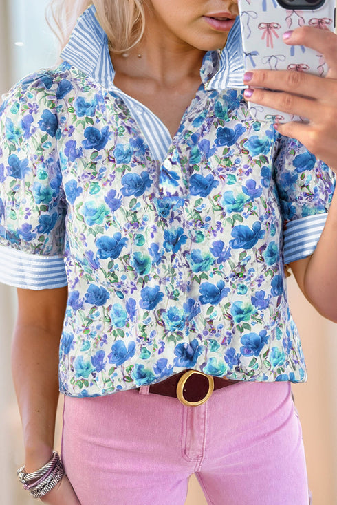 Floral Print Striped Trim Collared Puff Sleeve Blouse