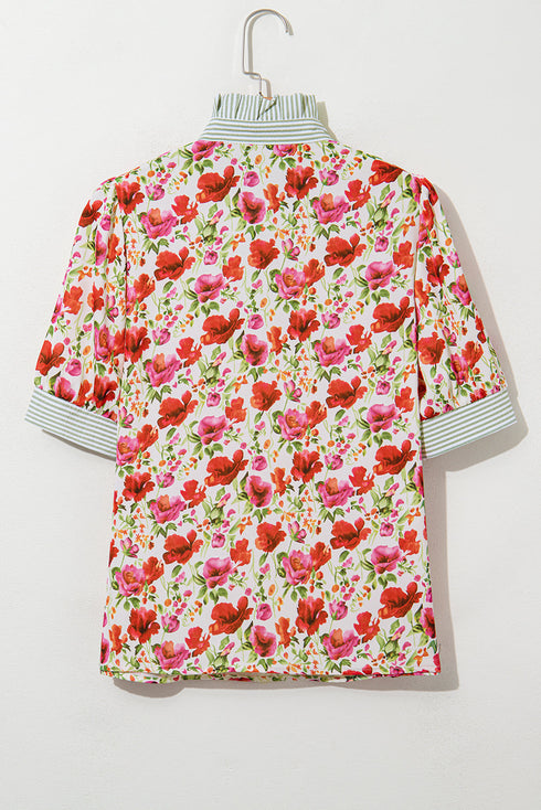 Floral Print Striped Trim Collared Puff Sleeve Blouse