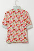 Floral Print Striped Trim Collared Puff Sleeve Blouse