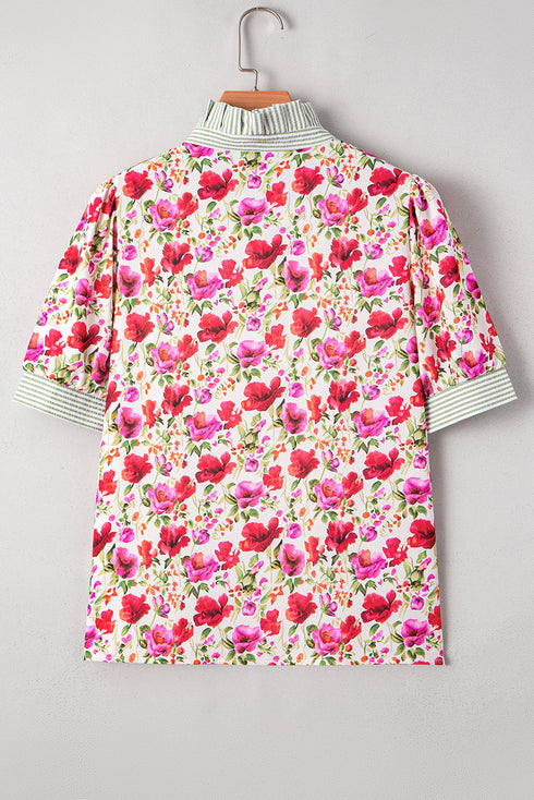 Floral Print Striped Trim Collared Puff Sleeve Blouse