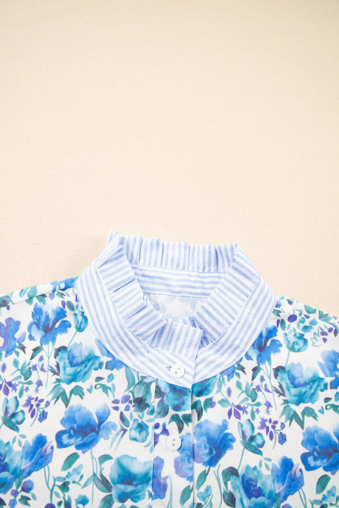 Floral Print Striped Trim Collared Puff Sleeve Blouse