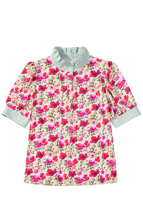 Floral Print Striped Trim Collared Puff Sleeve Blouse