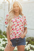 Floral Print Striped Trim Collared Puff Sleeve Blouse