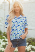 Floral Print Striped Trim Collared Puff Sleeve Blouse