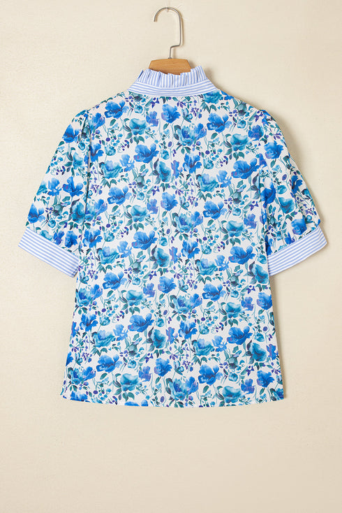 Floral Print Striped Trim Collared Puff Sleeve Blouse
