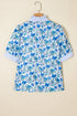 Floral Print Striped Trim Collared Puff Sleeve Blouse