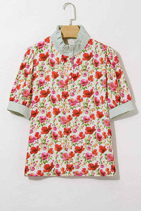 Floral Print Striped Trim Collared Puff Sleeve Blouse