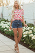 Floral Print Striped Trim Collared Puff Sleeve Blouse