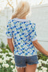 Floral Print Striped Trim Collared Puff Sleeve Blouse