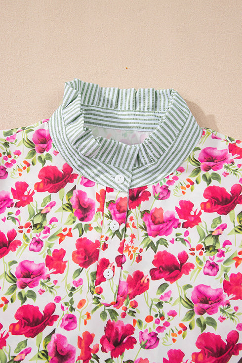 Floral Print Striped Trim Collared Puff Sleeve Blouse