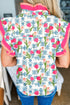 Floral Print Striped Trim Flutter Sleeve Half Button Blouse