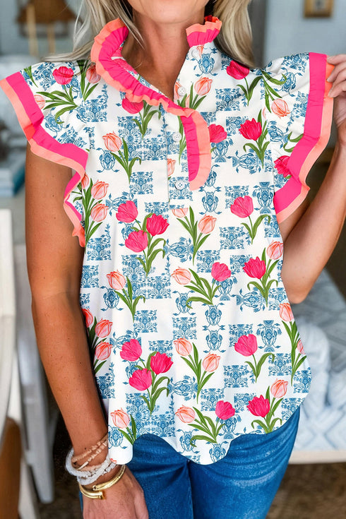 Floral Print Striped Trim Flutter Sleeve Half Button Blouse