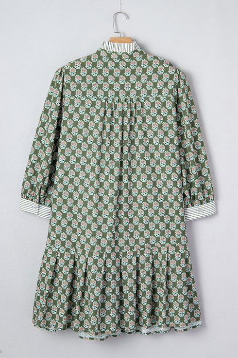 Floral Print Striped Trim Frilled Collar Plus Size Mini Dresses