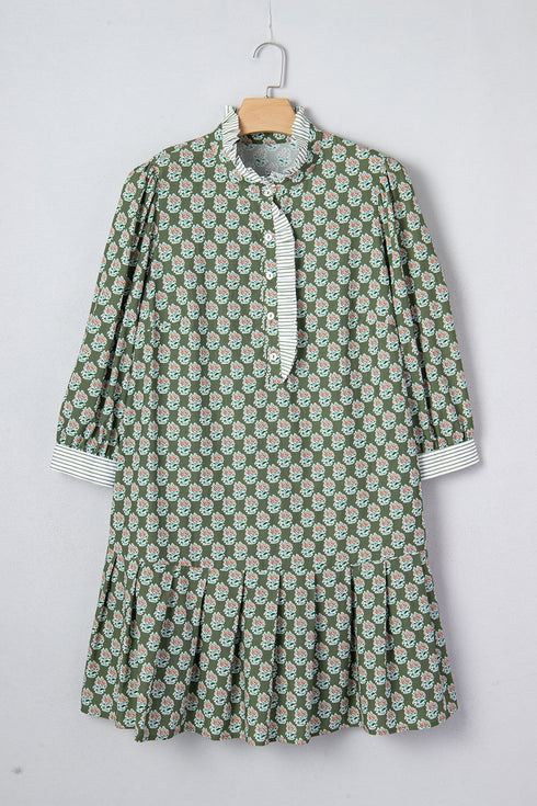 Floral Print Striped Trim Frilled Collar Plus Size Mini Dresses