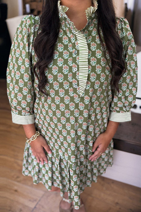 Floral Print Striped Trim Frilled Collar Plus Size Mini Dresses