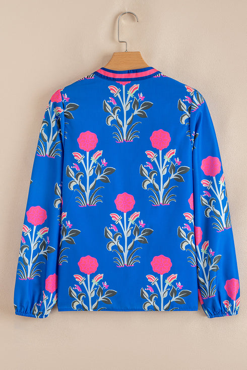 Floral Print Striped Trim Notched Neck Long Sleeve Blouse