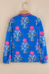 Floral Print Striped Trim Notched Neck Long Sleeve Blouse