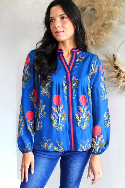 Floral Print Striped Trim Notched Neck Long Sleeve Blouse