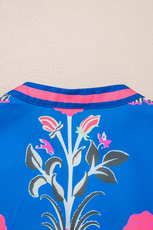 Floral Print Striped Trim Notched Neck Long Sleeve Blouse