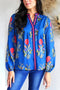 Floral Print Striped Trim Notched Neck Long Sleeve Blouse