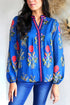 Floral Print Striped Trim Notched Neck Long Sleeve Blouse
