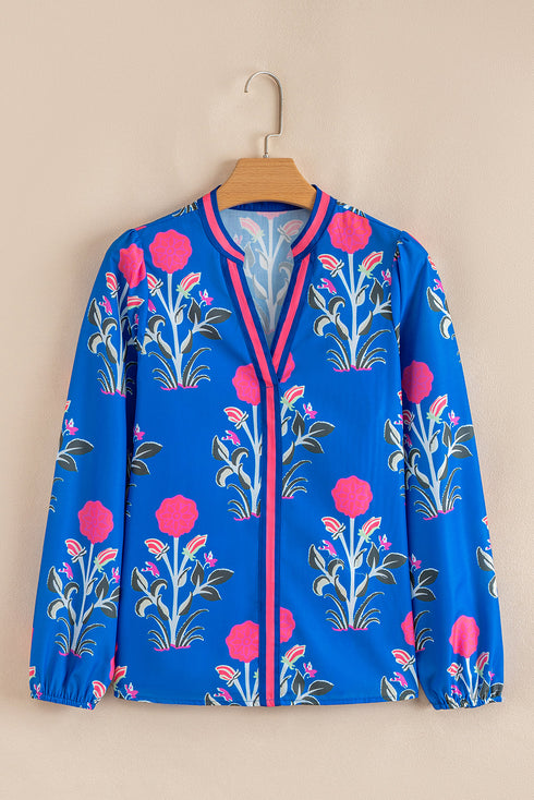 Floral Print Striped Trim Notched Neck Long Sleeve Blouse