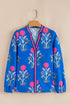 Floral Print Striped Trim Notched Neck Long Sleeve Blouse