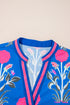 Floral Print Striped Trim Notched Neck Long Sleeve Blouse