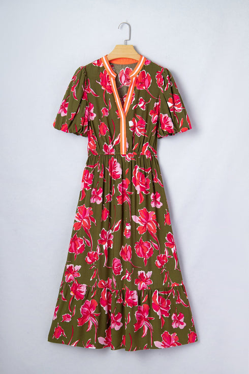 Floral Print Striped Trim Puff Sleeve Ruffle Hem Maxi Dress