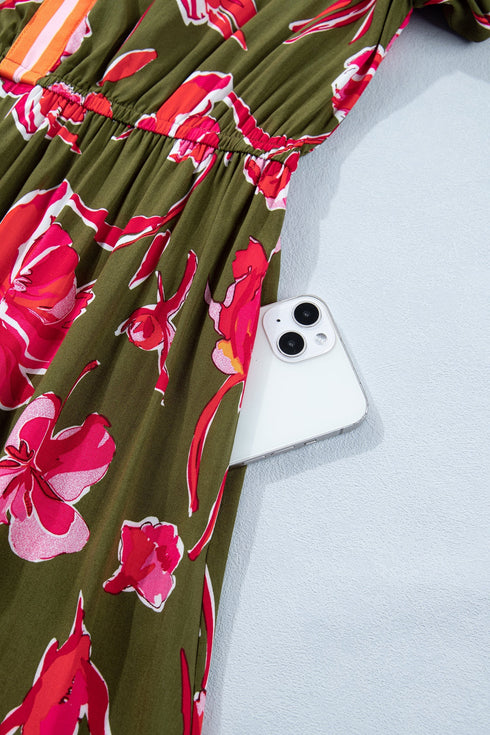 Floral Print Striped Trim Puff Sleeve Ruffle Hem Maxi Dress